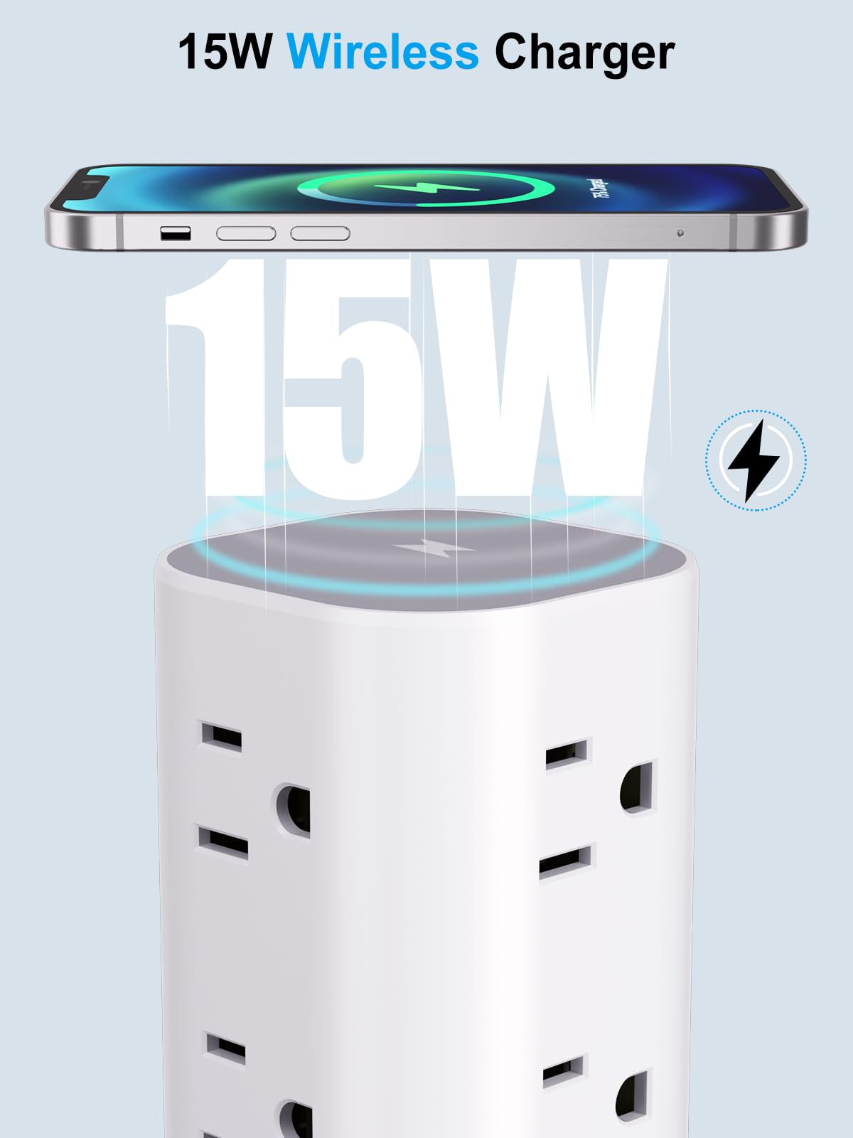UWIWUTEI 6FT Power Strip Tower with Wireless Charger,Surge Protector with 12 Outlets – close-up detail