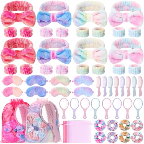 Janinka 64 Pcs Spa Sleepover Party Supplies for Girls, Include 8 Headband with Coquette Bows 16 Wristbands 8 Hair Scrunc