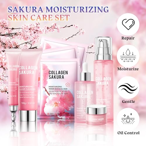 Sakura Skin Care Set,8 Pcs Hydrating Skincare Set Facial Kit for - Product Imagery