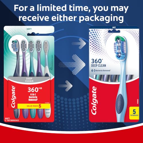 Colgate 360 Deep Clean Toothbrush with Soft Bristles, 5 Pack, - Product Imagery