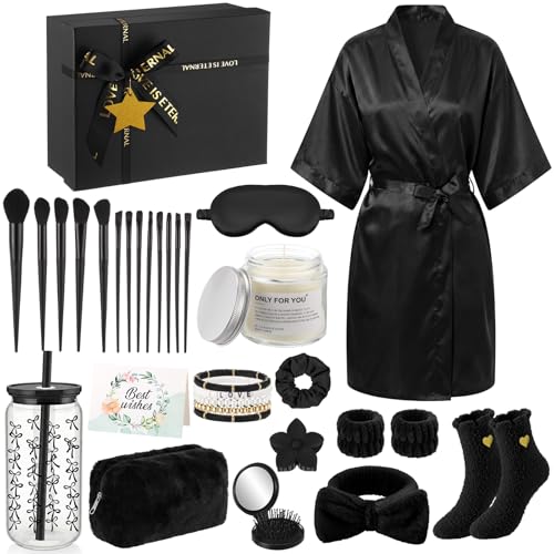 Shyyween 15 Pcs Robe Gift Set for Women Birthday Spa Basket, Black – Black, plastic, silk, fiber