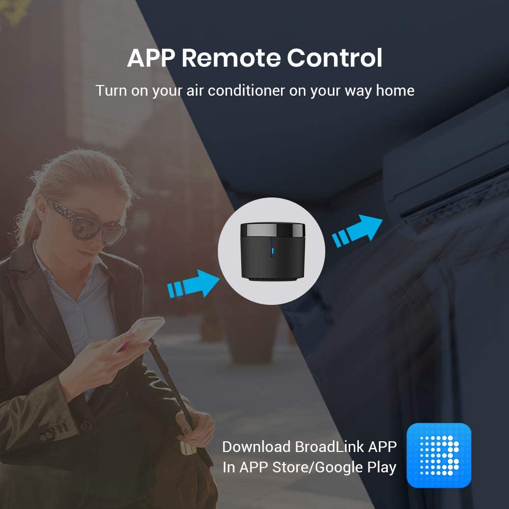BroadLink RM4mini IR Smart Home Hub AC Univeral Remote with Sensor Cable – back view and specifications
