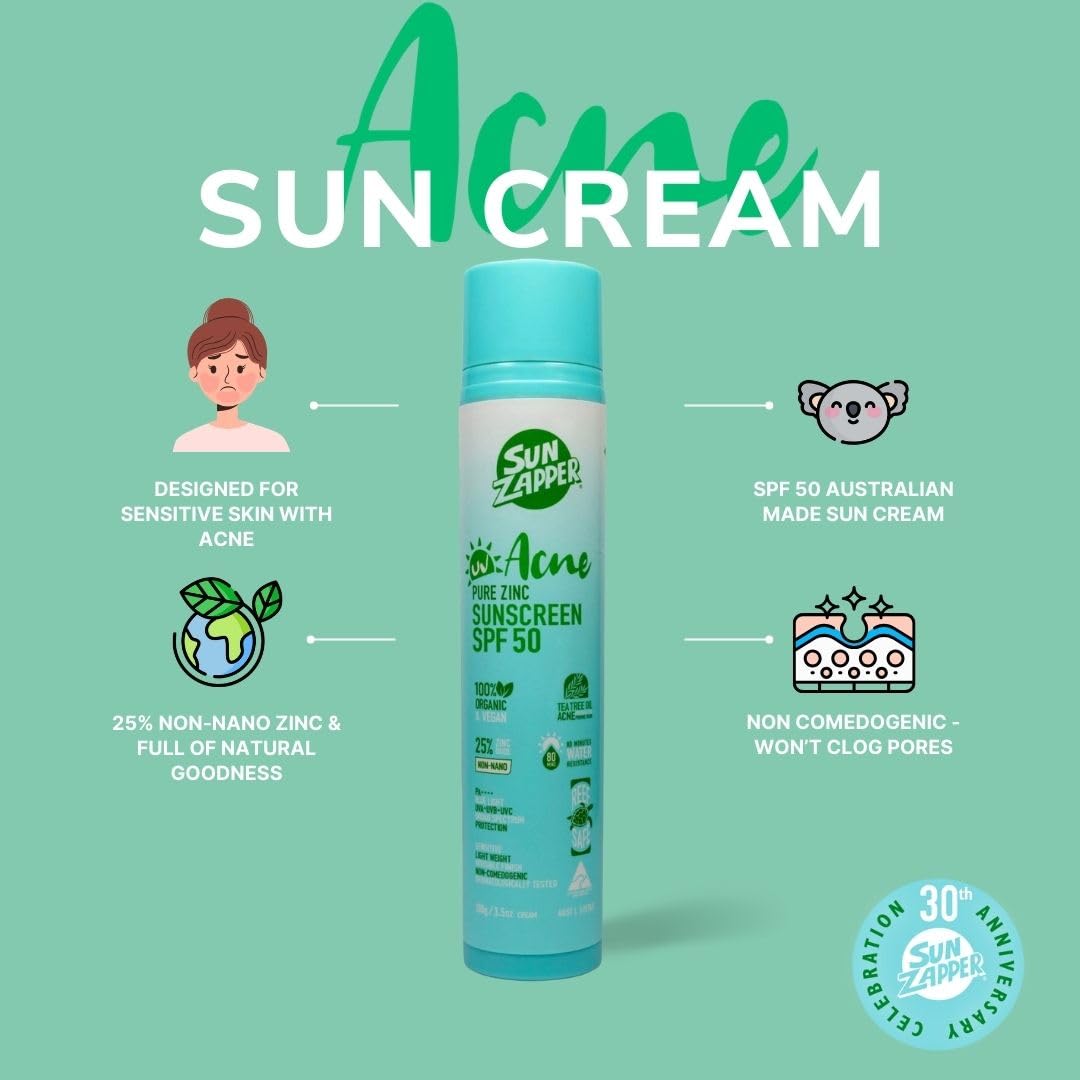 Sun Zapper Acne Pure Zinc Face Sunscreen SPF 50, Non-Comedogenic Organic Mineral Sunscreen with Tea Tree Oil for Acne-Pr