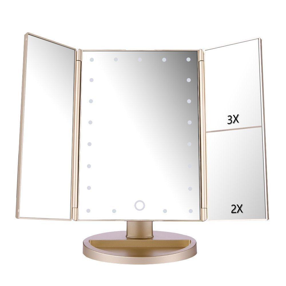 deweisn Floor Mount Tri-Fold Lighted Vanity Mirror with 21 LED Lights, Touch Screen and 3X/2X/1X Magnification, Two Powe