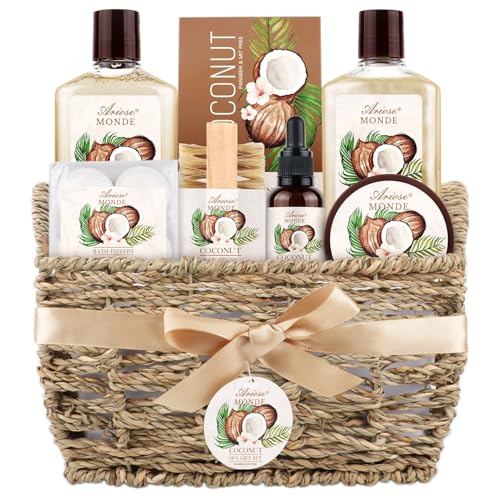 ArioseMonde Gift Baskets for Women, 9pcs Coconut Bath Set Spa Self Care Gift Basket