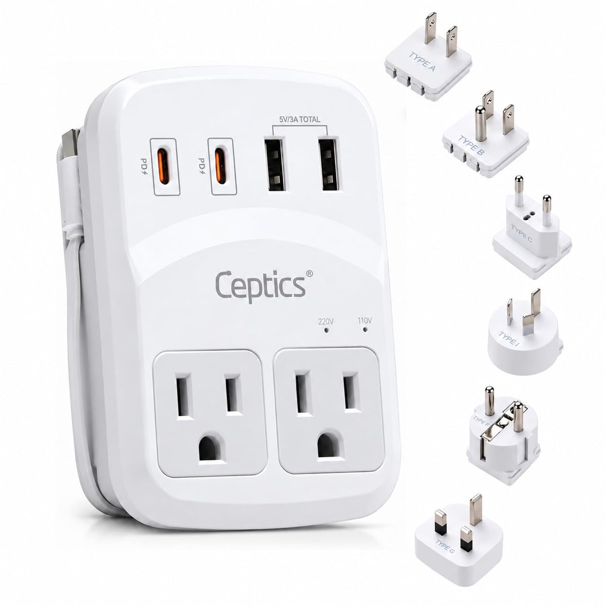 Ceptics World Travel Adapter Kit 2 USB-A, USB-C US Outlets, 20W/QC 18W Power Delivery, Surge Protection, SWADAPT Compati