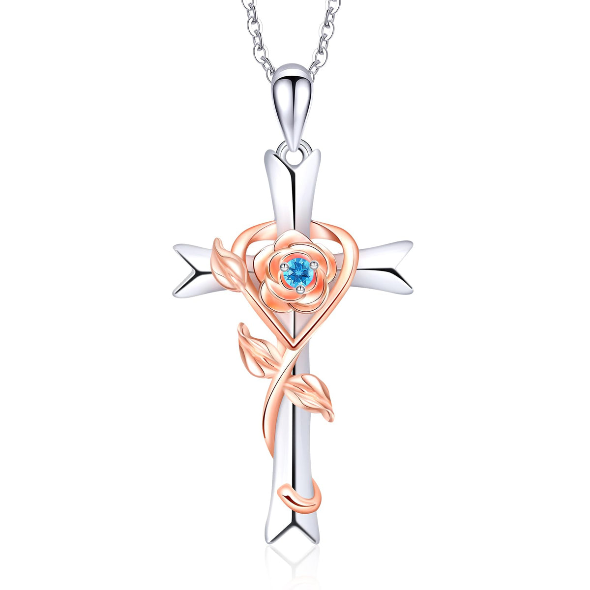 RIVIKO 925 Sterling Silver Cross Birthstone Necklace for Women Cross Rose Pendant Necklaces Trendy Christmas Valentine's