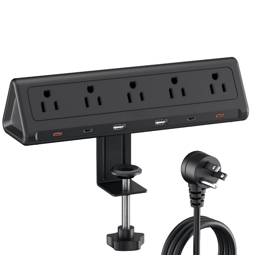 AnnTane Desk Clamp Power Strip USBC, 40W Fast Charging, 10 Ft, Black – Acrylonitrile Butadiene Styrene