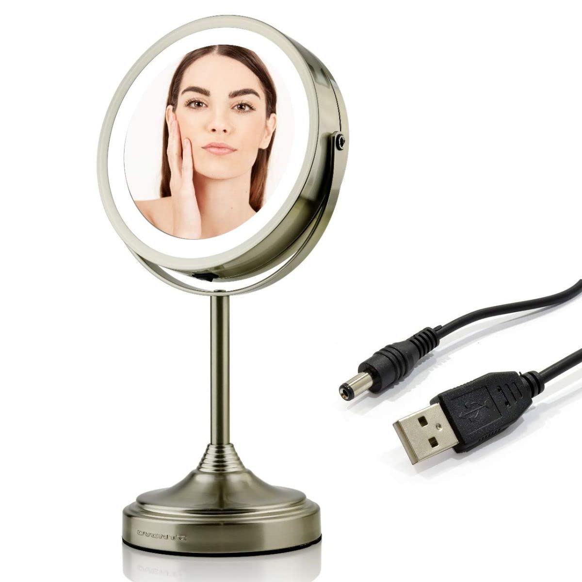 OVENTE 7" Rechargeable Lighted Tabletop Mirror, Nickel Brushed MCTR70BR1X7X – product photo (Makeup Mirrors)