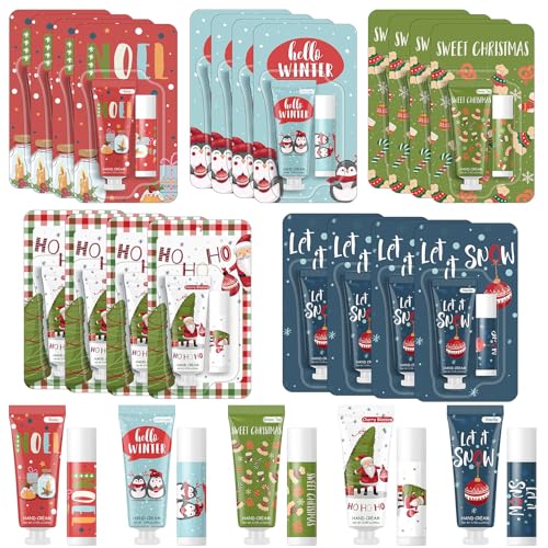 Heigble 30 Pcs Christmas Hand Cream and Lip Balm Gift Sets – Rose, Lavender, Cherry Blossom, Green Tea, Vanilla