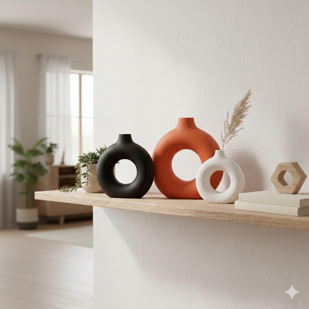 Querro Ceramic Vase Set of 3 - Modern Minimalist Matte Flower Vases for Home Decor, Donut-Shaped Table Centerpieces for 