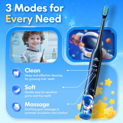 Kids Electric Toothbrush Rechargeable Age 3-5-6-12-18 Year Old, - Product Imagery