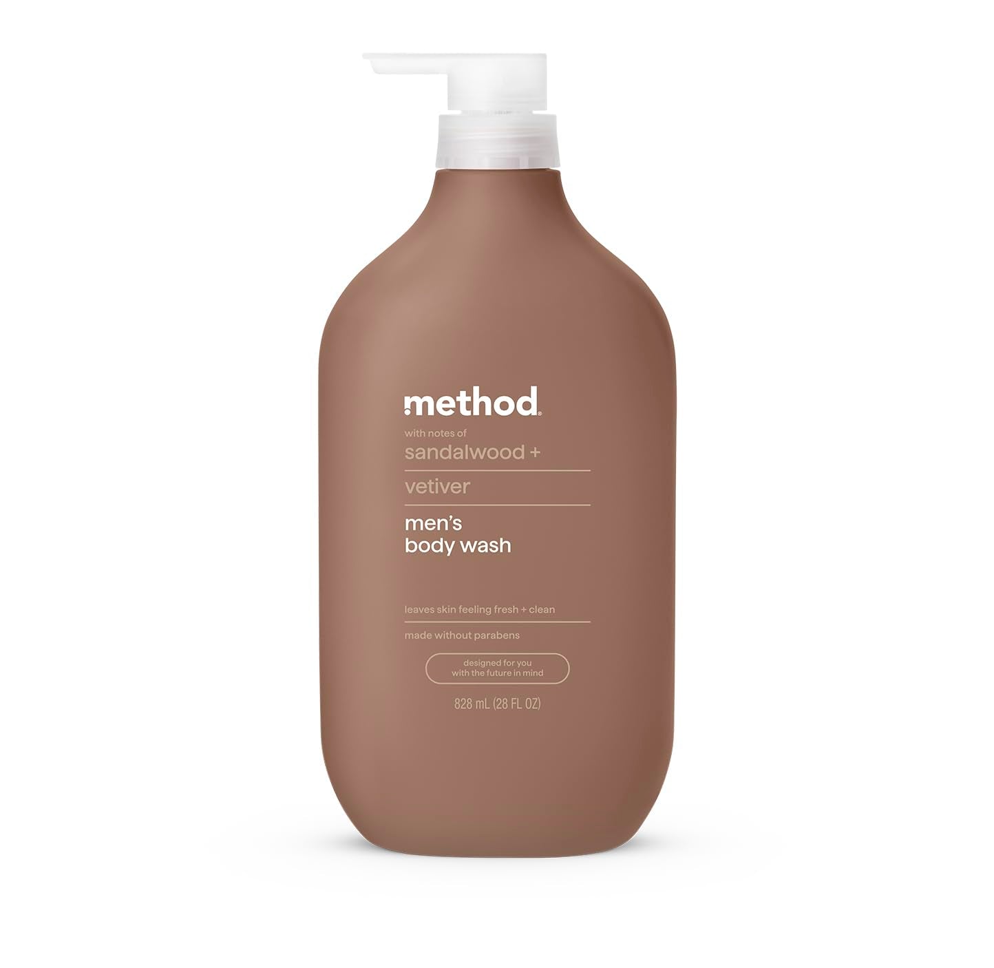 Method men's body wash with sandalwood and vetiver in a 28 fl oz bottle, designed for cleansing and refreshing skin.