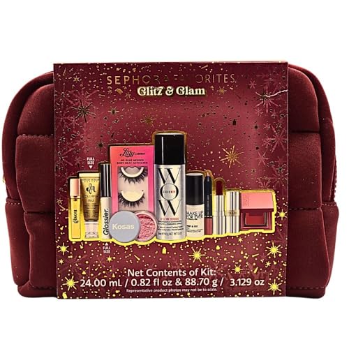Sephora Glitz & Glam 10 Piece Holiday Gift Set: Makeup, Hair & Skincare Essentials with Red Lipstick, Blush, Powder & La