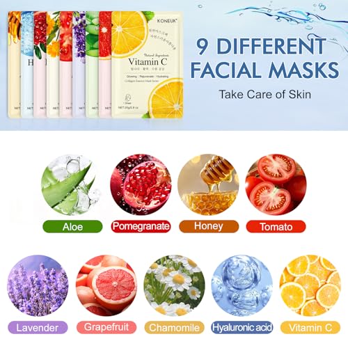 9 Pack Collagen Face Masks Skincare for Women, Hydrating Sheet - Product Imagery