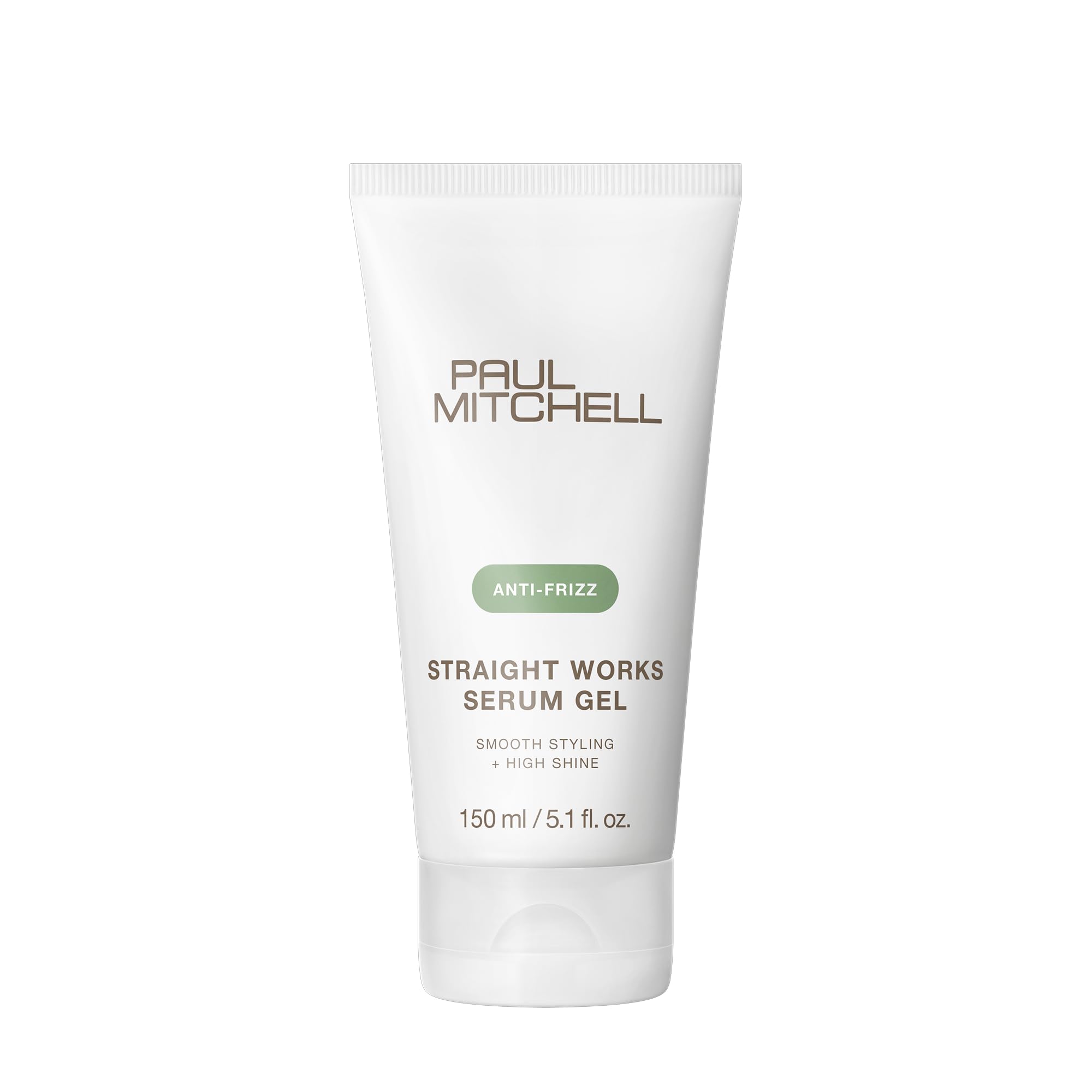 Paul Mitchell Straight Works gel for frizz control and shine, 5.1 oz, showcasing the hair styling product in a container.
