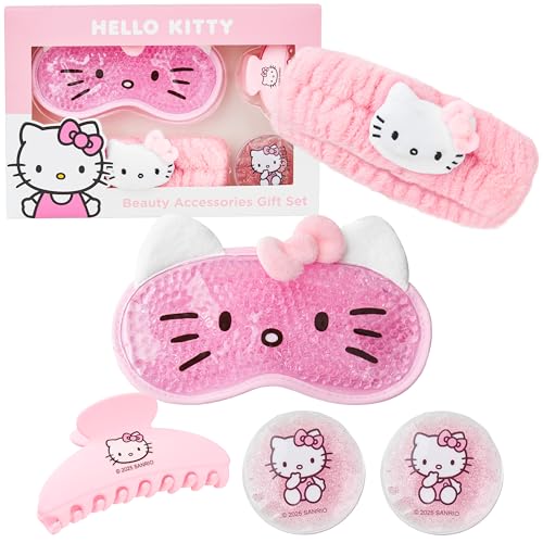 Hello Kitty Sanrio Beauty Set for Women, Teens with Cooling Gel Eye Mask, Plush Skincare Headband, Claw Clip, Eye Pads, 