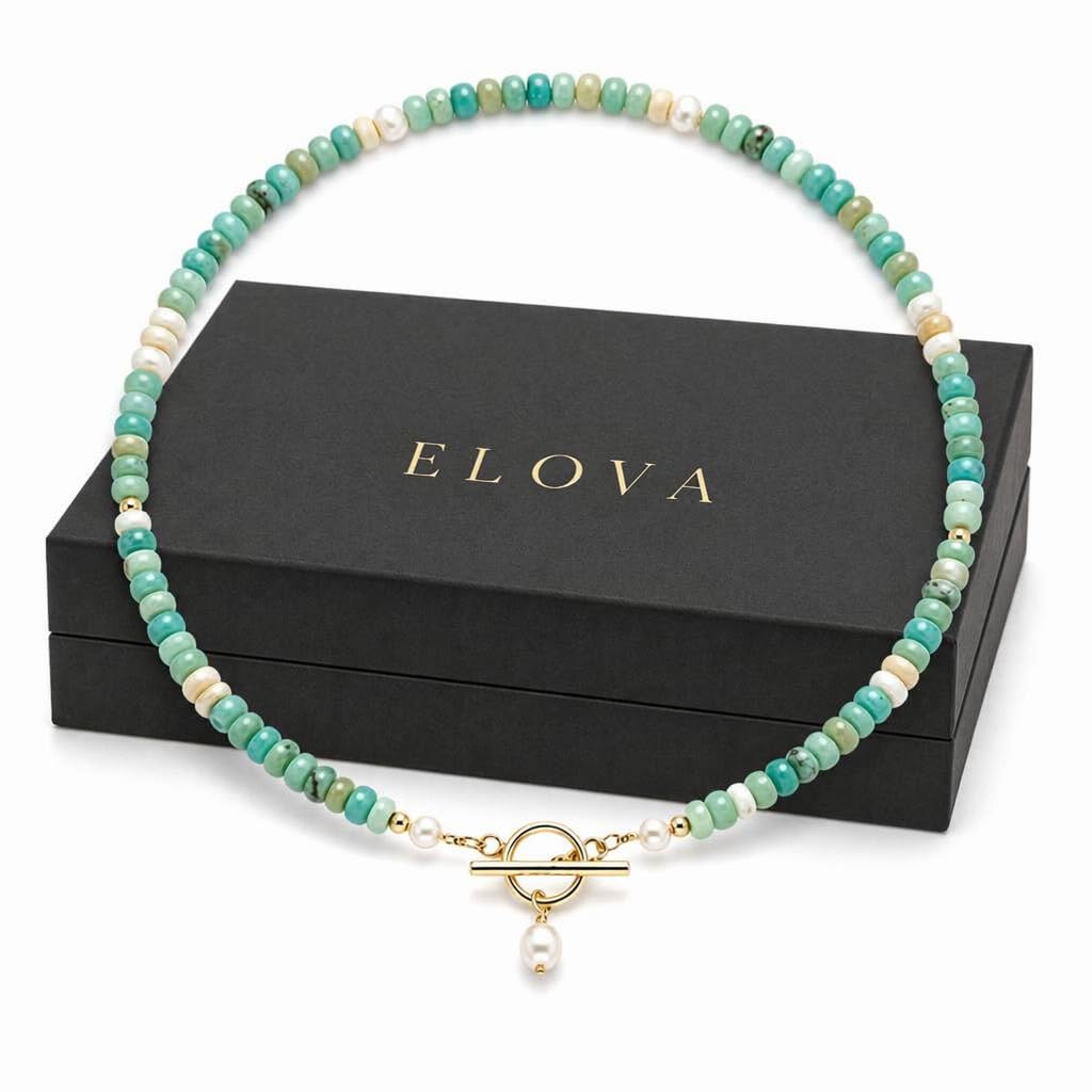 ELOVA Turquoise Beaded Necklace for Women, Handmade Boho Choker Necklace with Pearl Accent and Gold Toggle Clasp, Coasta