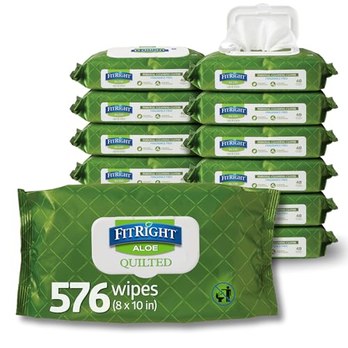 Medline FitRight Aloe Quilted Heavyweight Personal Cleansing Cloth Wipes, Unscented, 576 Count, 8 x 12 inch Adult Large 
