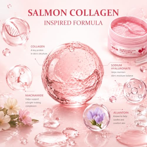 Salmon Collagen Under Eye Masks, 60-Count Pink Hydrogel Eye Pads - Product Imagery