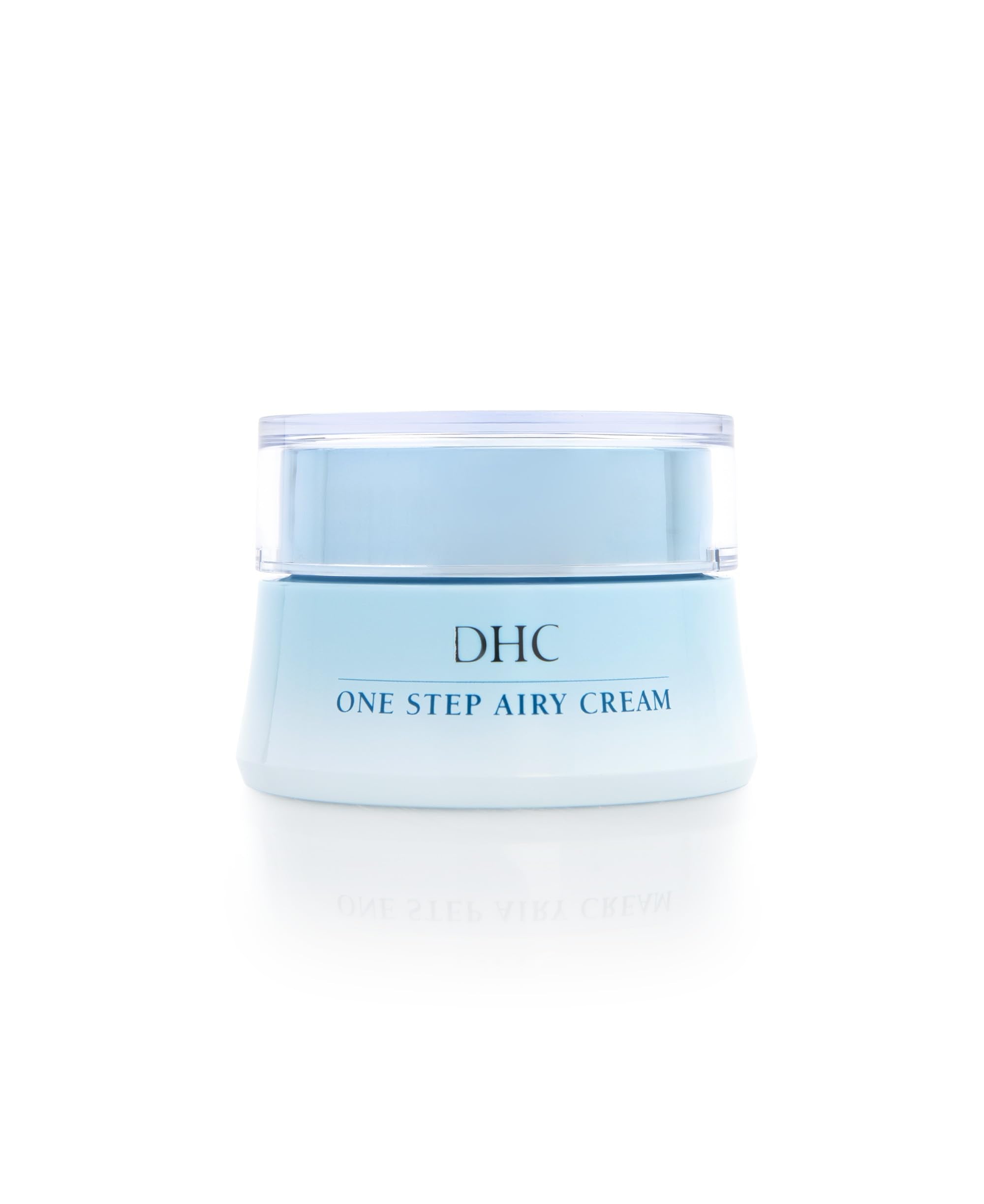 DHC One Step Airy Cream Moisturizer in 1.7 oz jar, creamy texture, smooth application on skin, labeled with DHC branding.