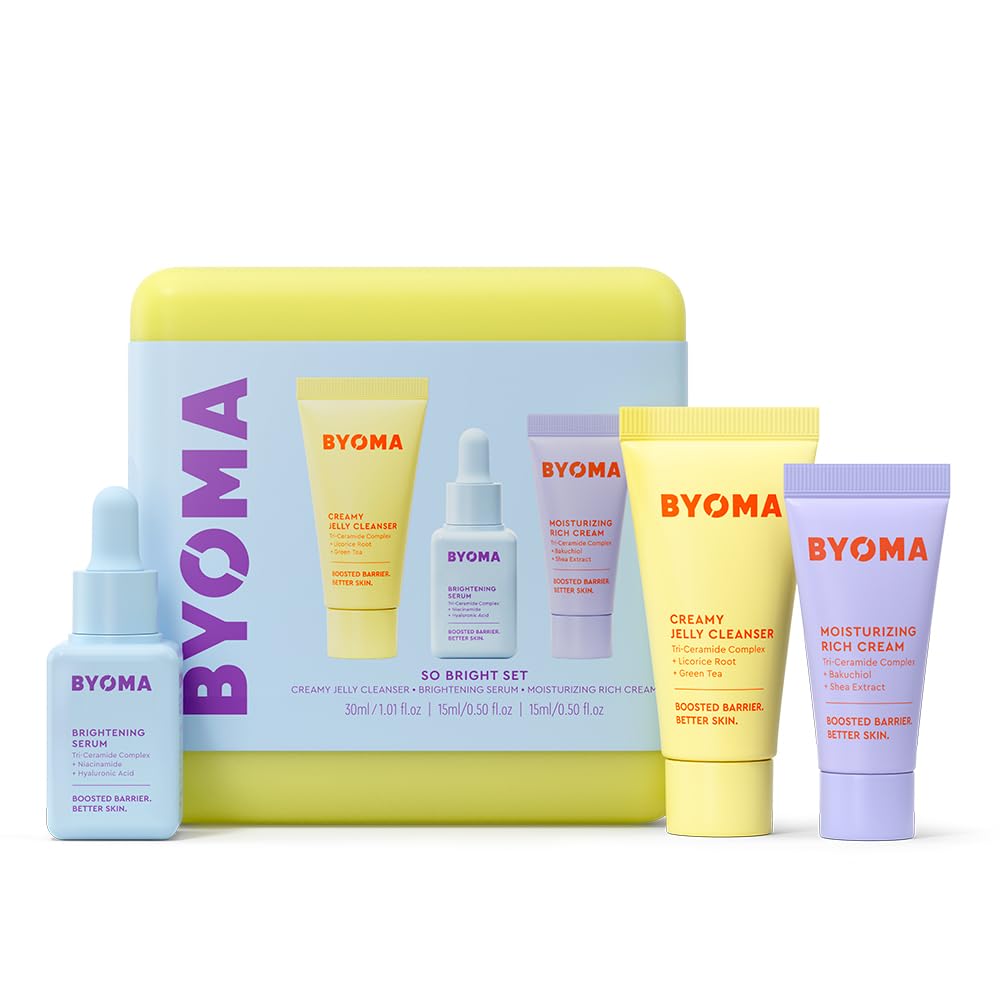 BYOMA So Bright Set featuring a jelly cleanser, brightening serum, and rich cream for glowing skin.