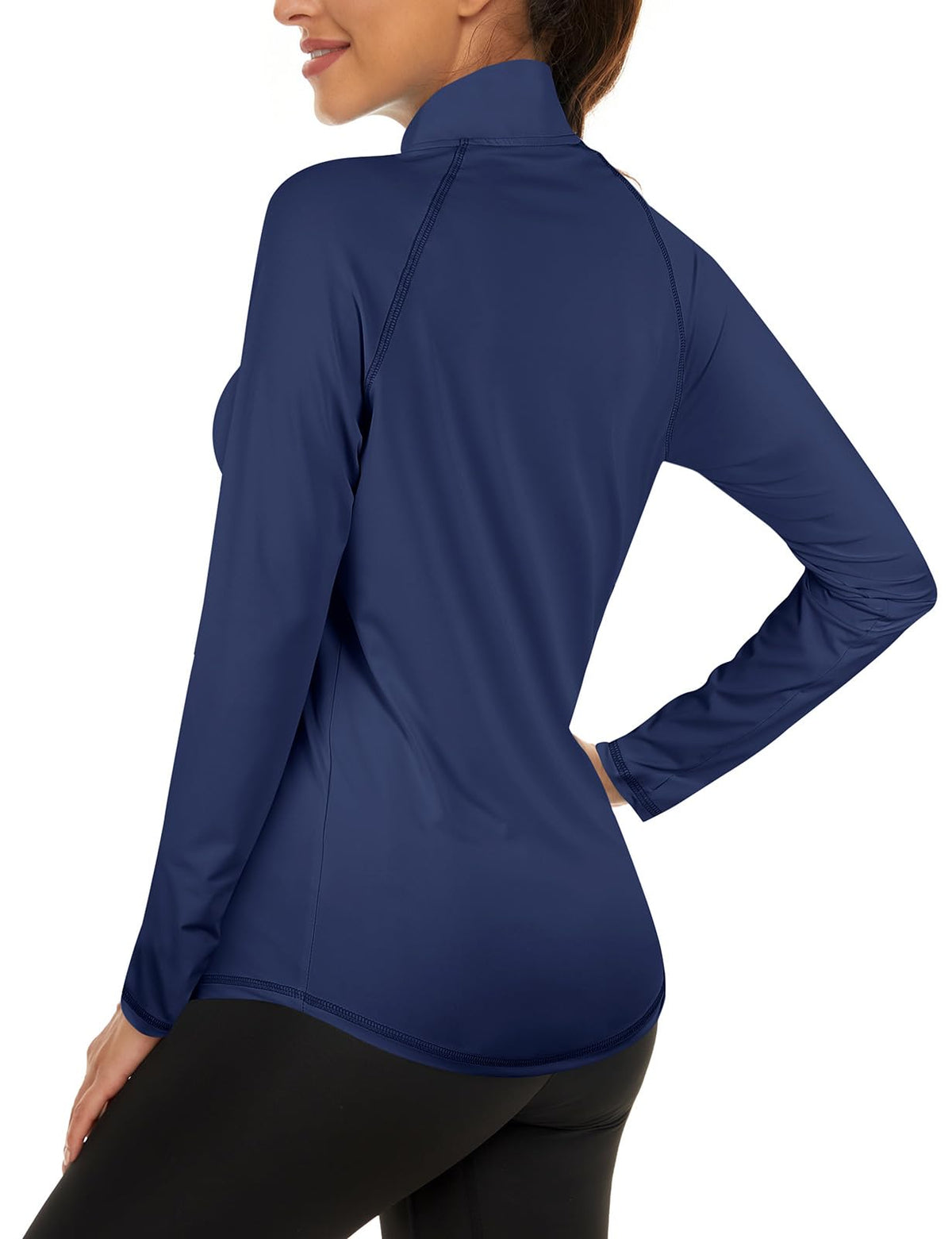 LURANEE Womens UPF 50+ Long Sleeve 1/4 Zip Pullover Athletic Hiking Running Workout Tops – close-up detail in Navy