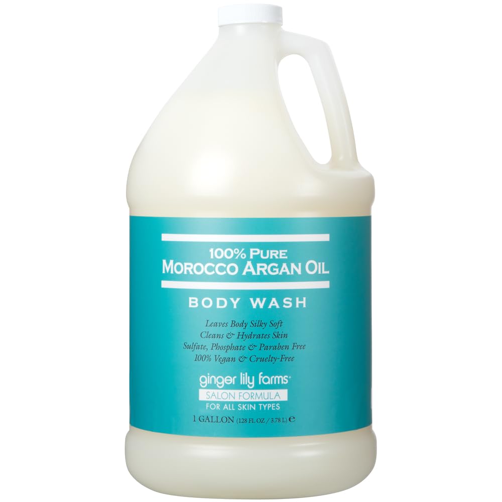 Ginger Lily Farms Argan Oil Body Wash refill gallon, a natural skin cleaning agent with nourishing argan oil for gentle cleansing.
