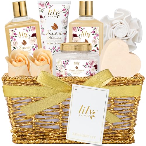 LILY ROY 9Pcs Moisturizing Almond Spa Kit Bath Gifts Set Spa Gift Baskets for Women – Cruelty Free, Essential Oil, Glute