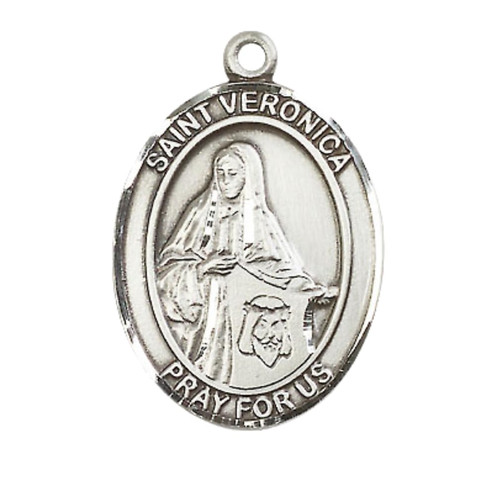 Everlasting Light Jewelry Medium St. Veronica Medal Pendant Necklace - Pewter Oval 18 Inch Chain – close-up detail in Pe