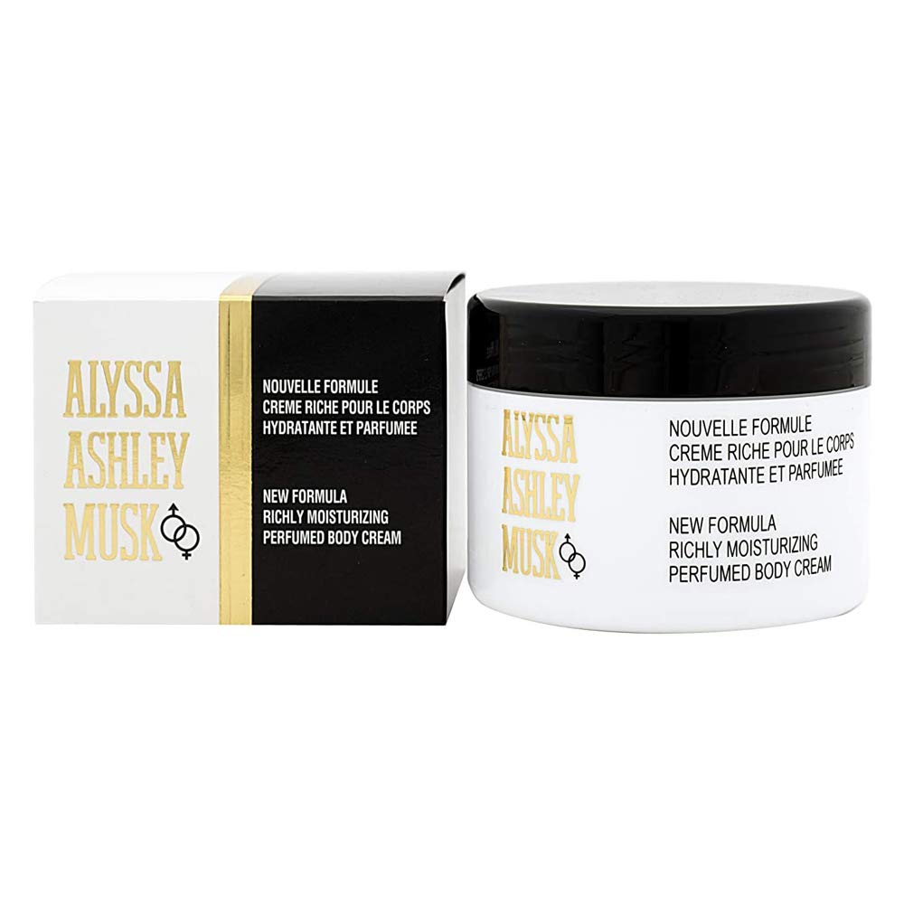 Alyssa Ashley Musk body cream for women, 8.5 oz, creamy moisturizer with musk scent, in a white jar with pink accents.