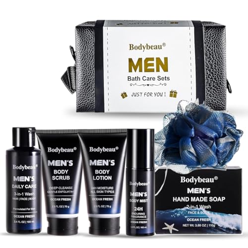 Bodybeau Men’s Bath and Body Gift Set, 7-Piece Ocean Fresh Spa Kit with 3-in-1 Wash, Body Scrub, Body Lotion, Body Mist,