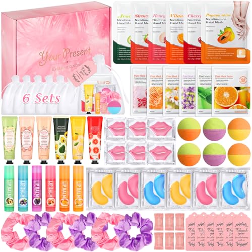 Jollidecor Spa Party Supplies for Girls- 66PCS Women Spa Party Favors with Face Hand Mask, Hand Cream, Lip Balm, Bath Bo