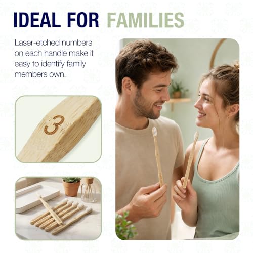 Bamboo Toothbrushes 6 Pack, Thick Wavy Ergonomic Non-Slip - Product Imagery
