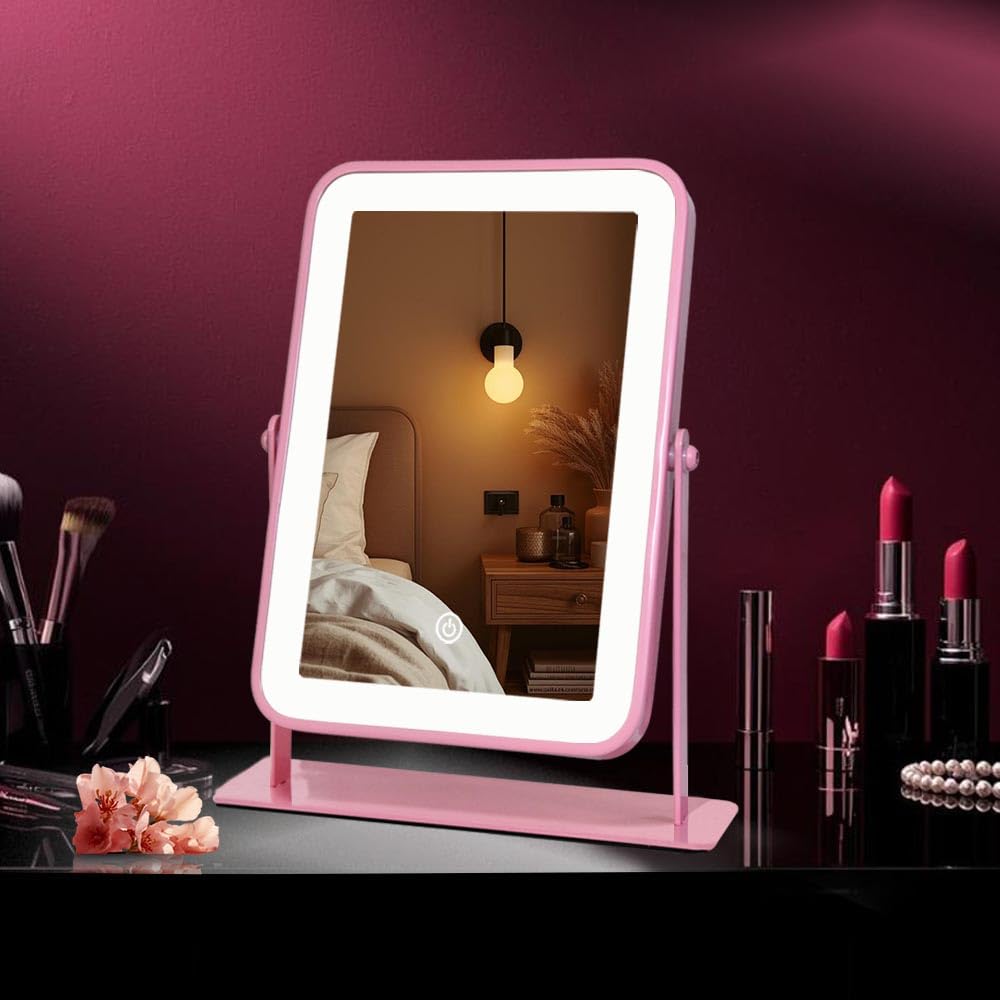 LAKFUES Pink LED Makeup Mirror with Lights – Rechargeable Wireless Vanity Mirror for Desk – Adjustable Brightness, 3 Col