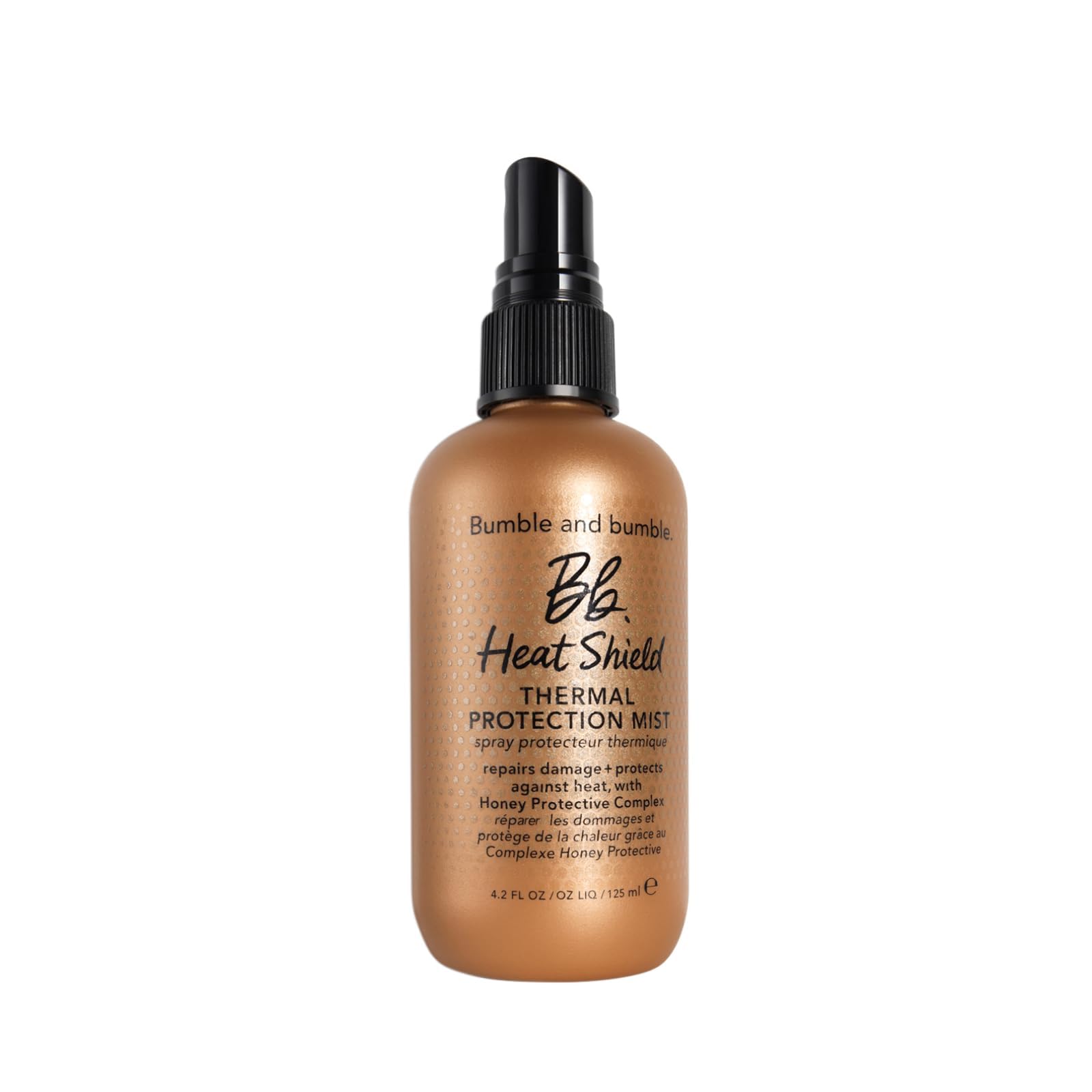 Bumble and bumble Heat Shield Mist 450°F hair styling agent spray for frizz control and heat protection on styled hair.