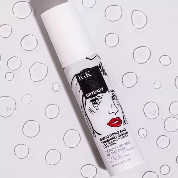 IGK Crybaby smoothing serum in 1.5 oz bottle, lightweight hair styling agent with high shine and frizz control, vegan and cruelty-free.