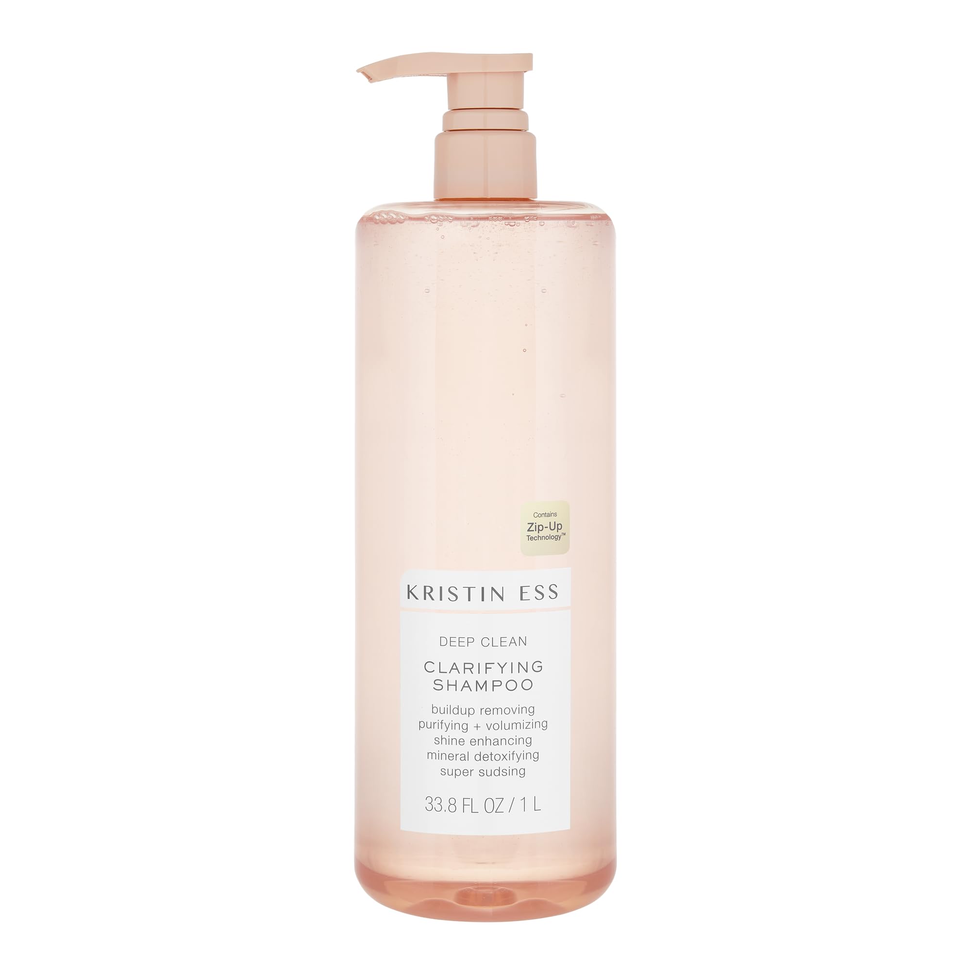 Kristin Ess clarifying detox shampoo for oily hair, showing the 33.8oz bottle with pump, emphasizing sulfate-free, vegan, and volumizing features.