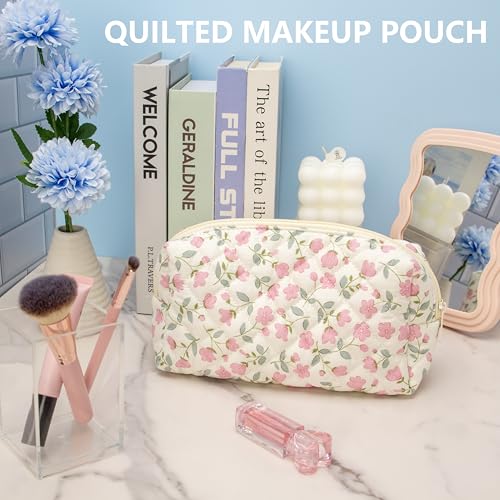 PAZIMIIK Small Quilted Makeup Bag,Zipper Cosmetic Pouch,Floral - Product Imagery