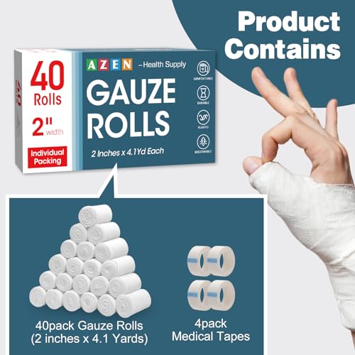 AZEN 40 Pack Gauze Rolls Bandages, 2 in x 4.1 Yards, Premium - Product Imagery