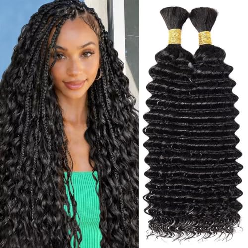 WIGGSALONG Boho Hair for Braiding, 18 Inch Curly Virgin Human Braiding Hair for Women,100g 2 Bundles Natural Black，12A K