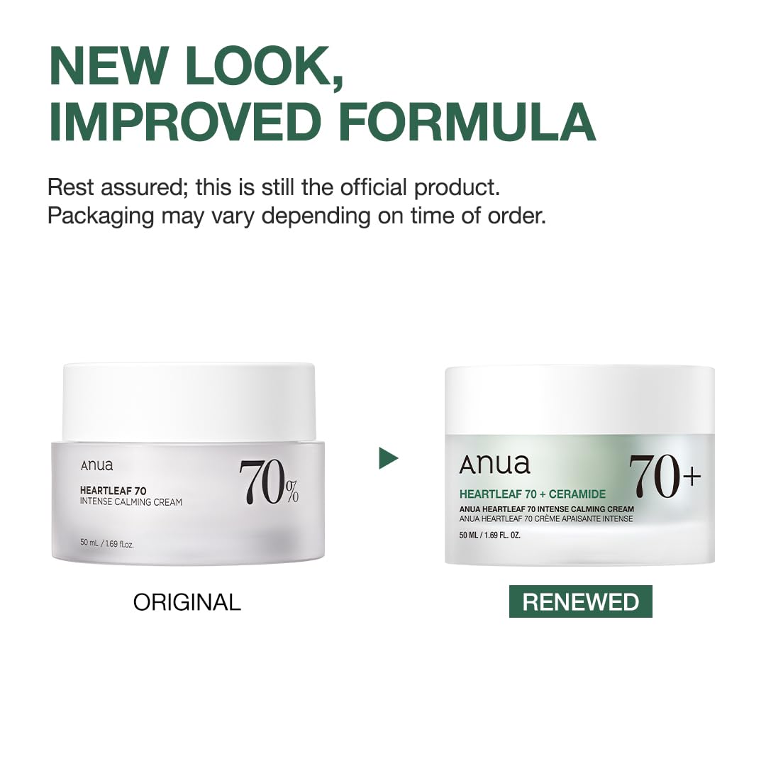 ANUA Heartleaf 70 Intense Calming Cream with ceramide in a 1.69 fl oz jar, moisturizing and soothing for sensitive skin.