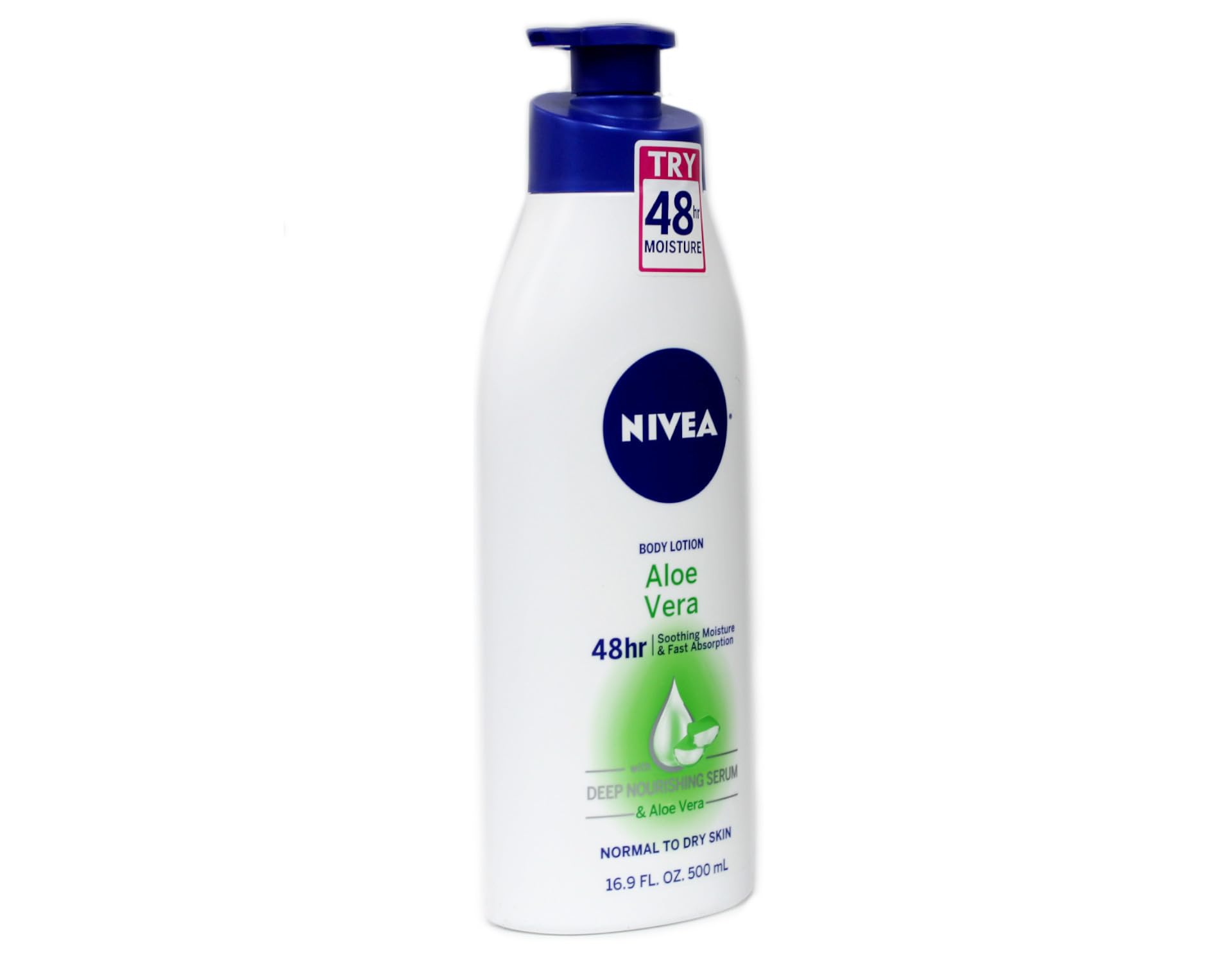 NIVEA Aloe Vera Body Lotion in 16.9 oz pump bottle, moisturizing skin with aloe vera for 48 hours.