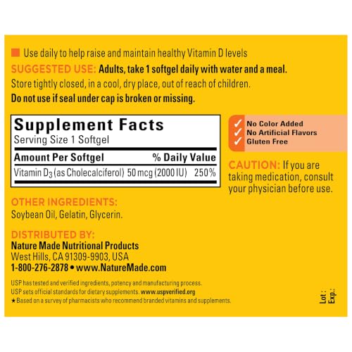 Nature Made Vitamin D3 2000 IU (50 mcg), 250 Vitamin D Softgels - Product Imagery