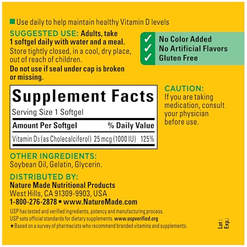 Nature Made Vitamin D3 1000 IU (25 mcg), 300 Vitamin D Softgels - Product Imagery