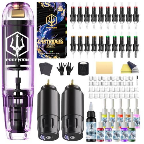 POSEIDON Wireless Tattoo Gun Kit with 2 Batteries for Beginners & Artists – Purple