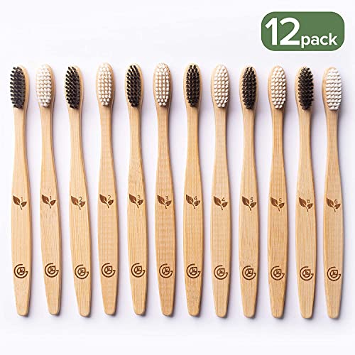 Greenzla Bamboo Toothbrushes for Adults – 12 Pack Wooden - Product Imagery
