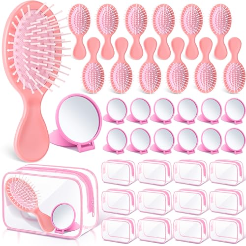 Meanplan 36 Pcs Mini Hair Brush Set 12 Wet Dry Hair Combs Detangling 12 Compact Folding Makeup Mirror Round and 12 Clear