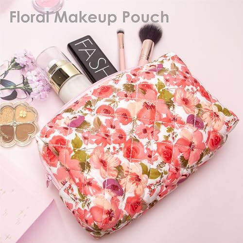 PAZIMIIK Small Quilted Makeup Bag,Zipper Cosmetic Pouch,Floral - Product Imagery