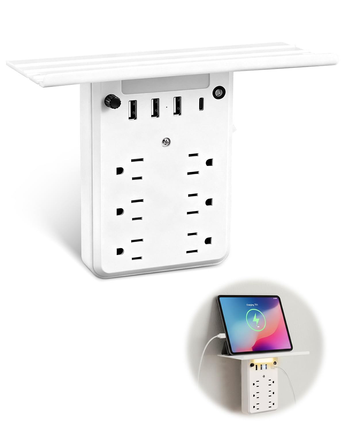 Saker Outlet Extender with Night Light, 6 AC, 4 USB, Surge Protector